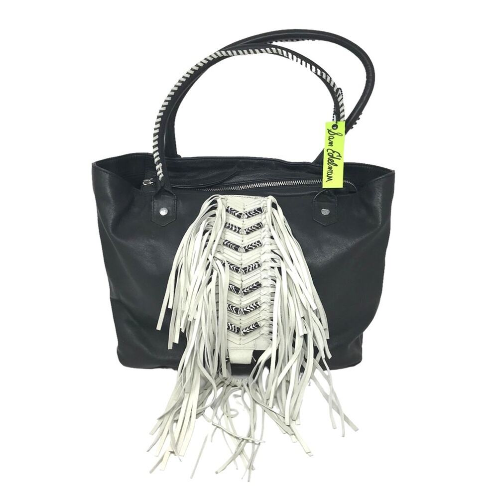 Sam Edelman Solana Tote-NEW WITH TAGS-Fringed, Beaded Black Leather-Western